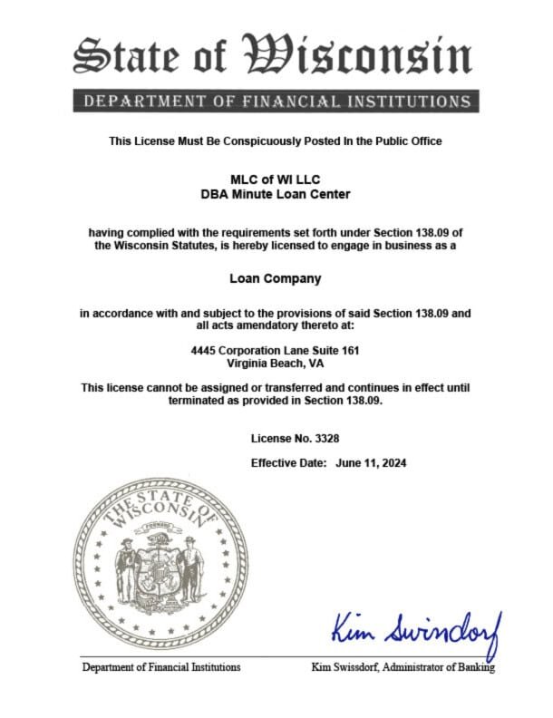 State of Wisconsin Department of Financial Institutions loan company license for Minute Loan Center