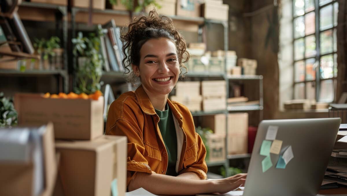A young businesswoman seated at a desk using a laptop computer