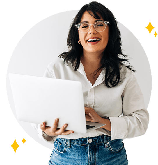 A freelancer happy to apply for a line of credit on her laptop