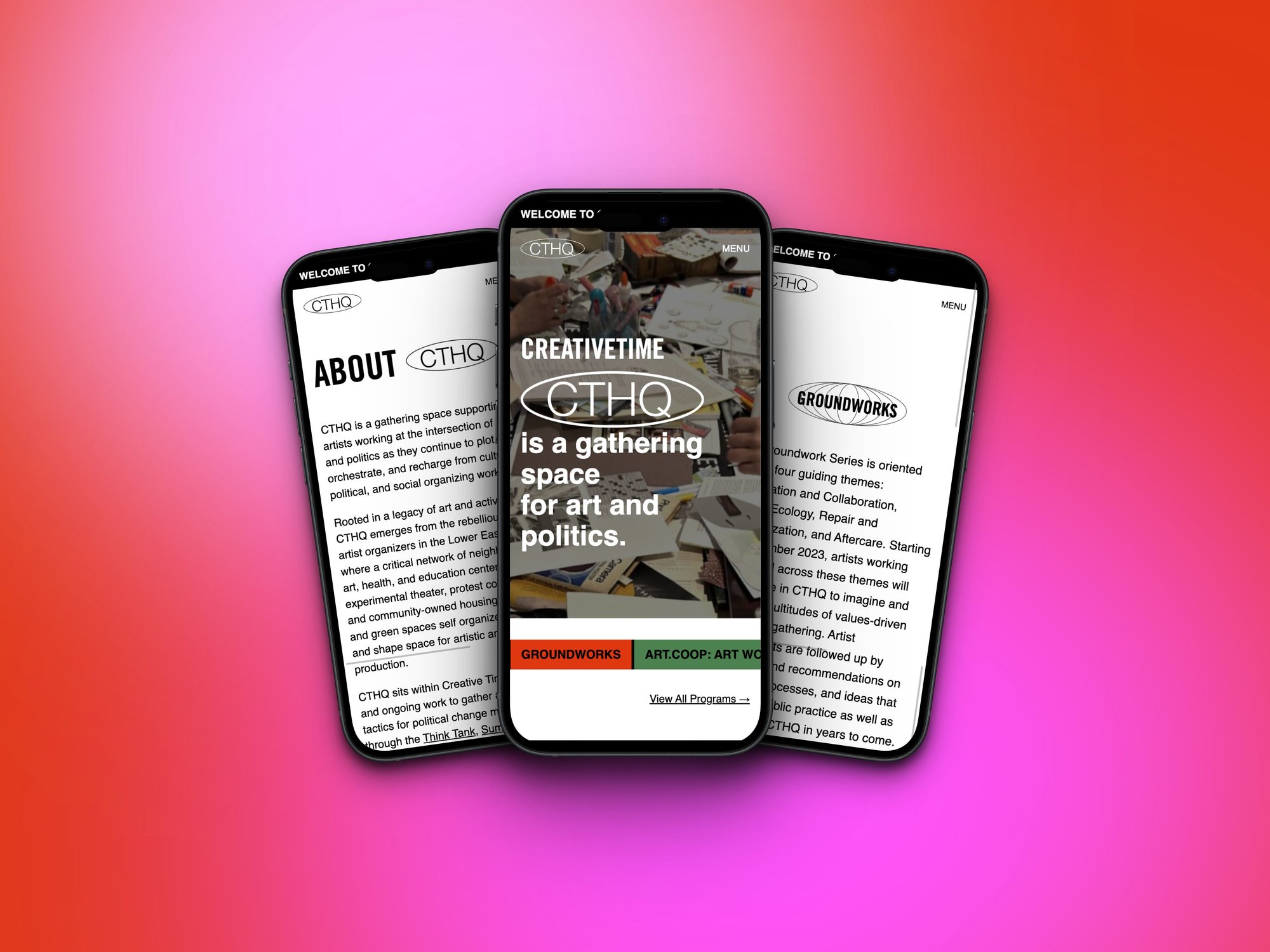 Multiple smartphones displaying different pages of the CTHQ website