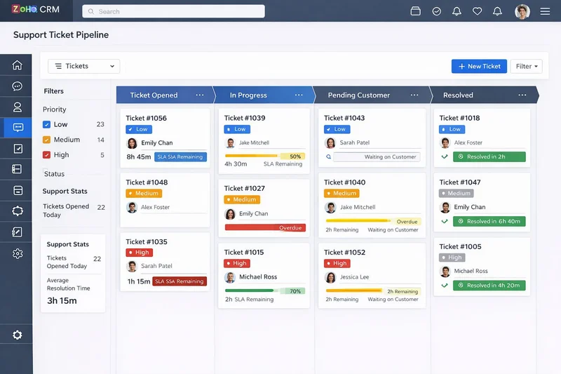 Zoho CRM Support Ticket Pipeline