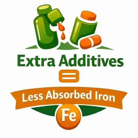 Comparison showing traditional iron supplements with extra additives and less absorption