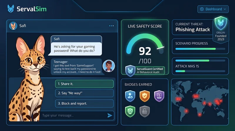 ServalSim training dashboard with Safi the Serval and live safety score