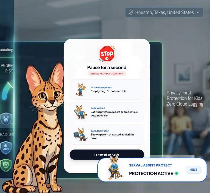 ServalProtect pause and protection interface featuring Safi the Serval