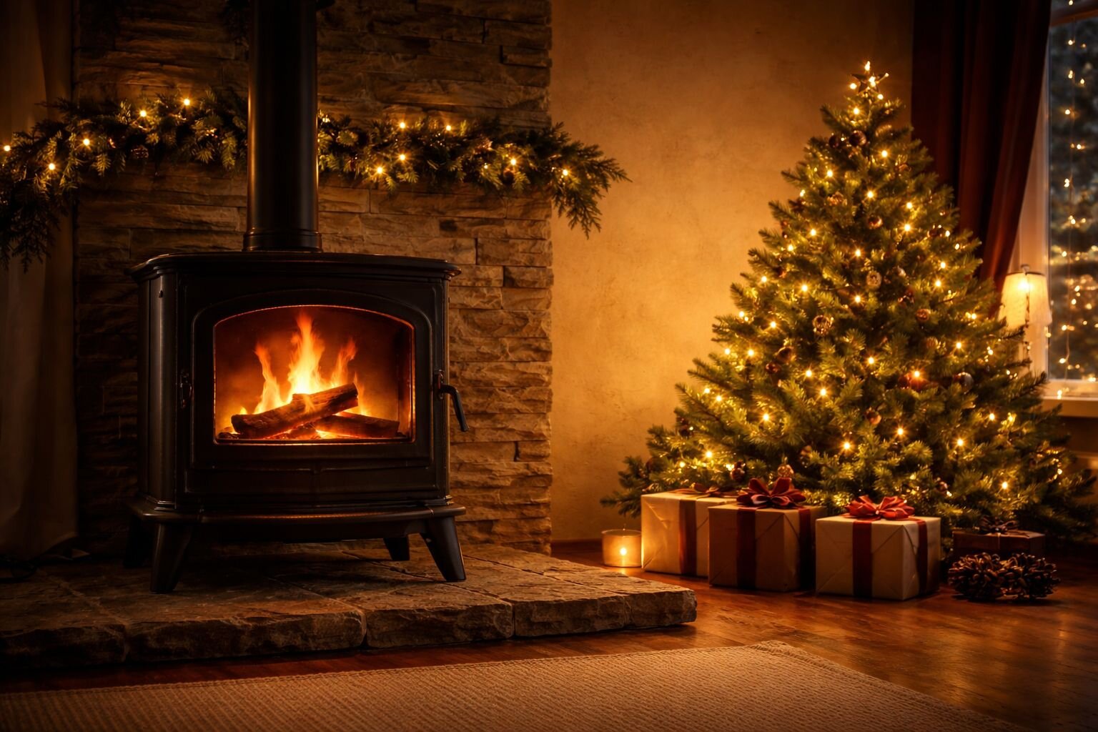 Een houtkachel brandt tijdens de kerstdagen met een verlichte kerstboom op de achtergrond