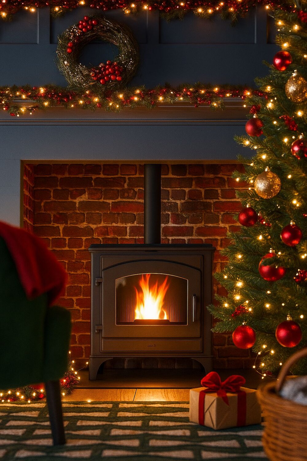 Pelletkachel brandend in een winters sfeerbeeld