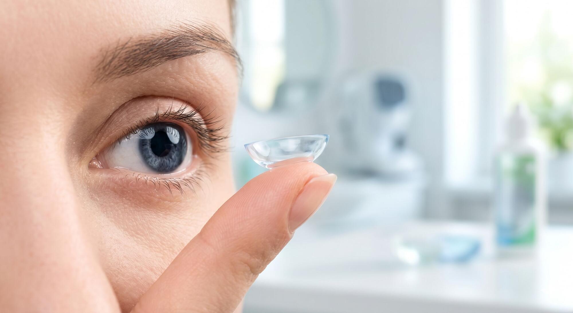 A woman putting on contact lenses