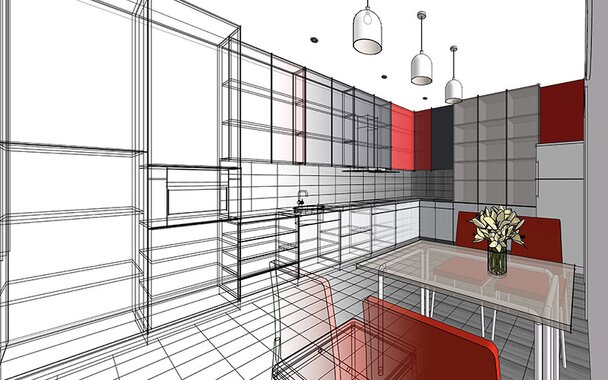 A 3D sketch rendering of a kitchen design.