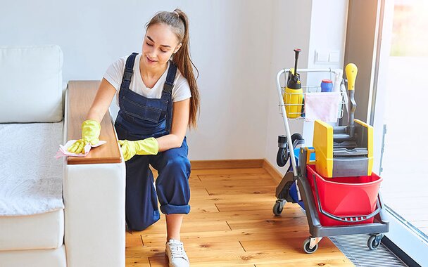 An enthusiastic female member of a cleaning service wipes dust.