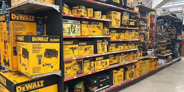 An aisle of DeWalt tools and accessories at Got Wood Building Supplies.