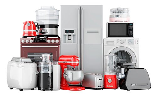 A group of large and small appliances, together with no background.