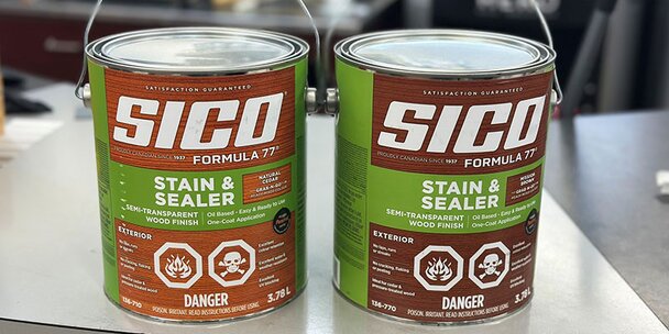 Two cans of SICO stain at Got Wood Building Supplies. 