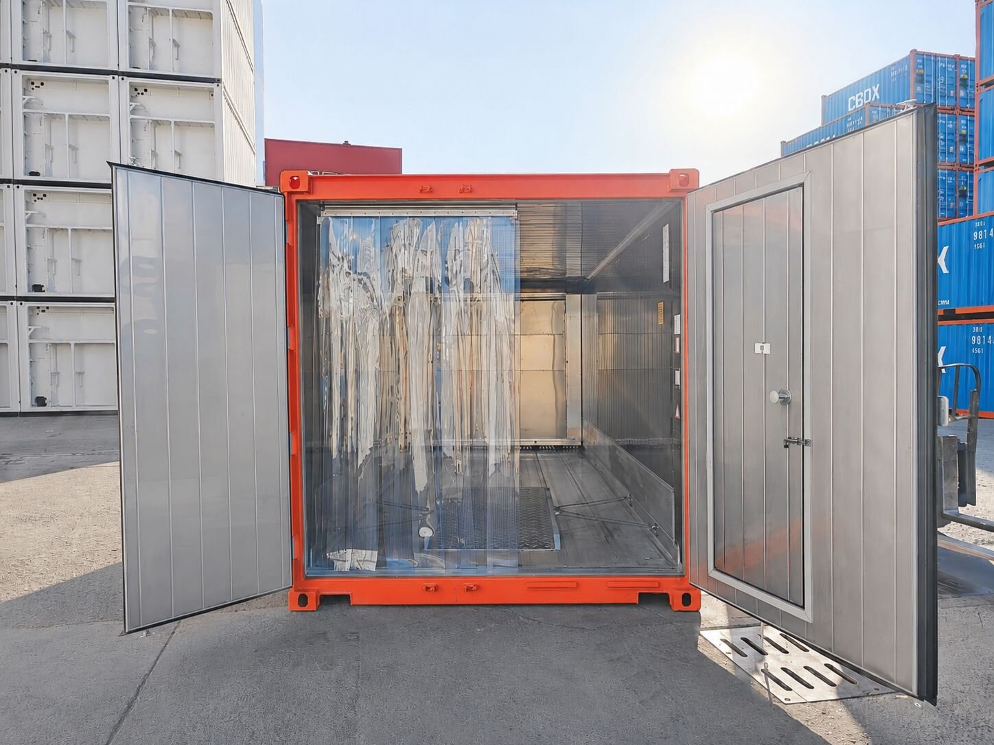 Reefer container with refrigerated unit and practical access options