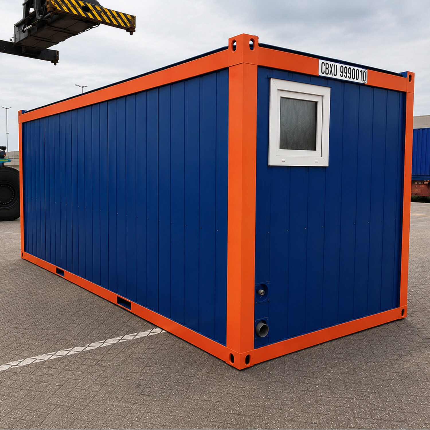 Sanitary container with toilet, shower and washroom configuration options