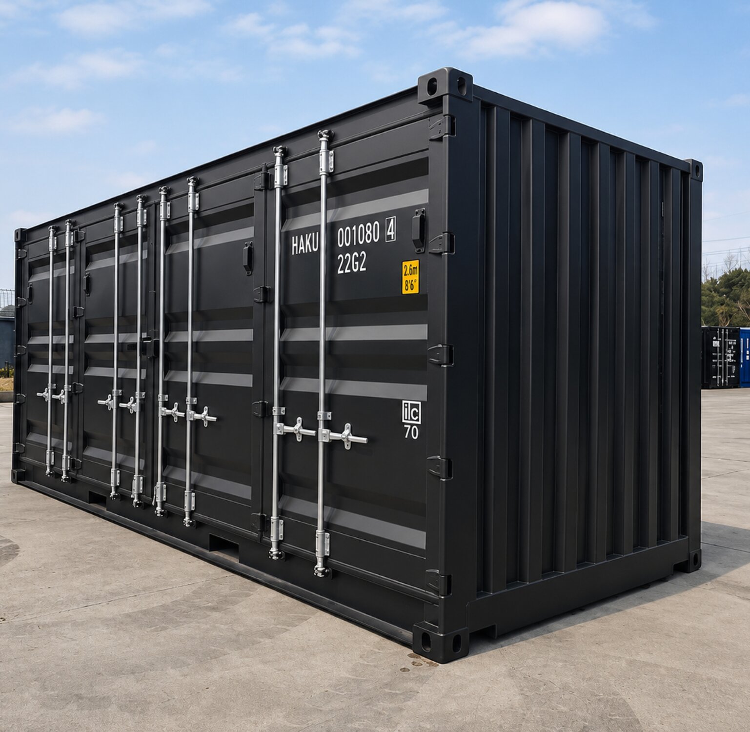 Open side container with wide side access for loading and storage