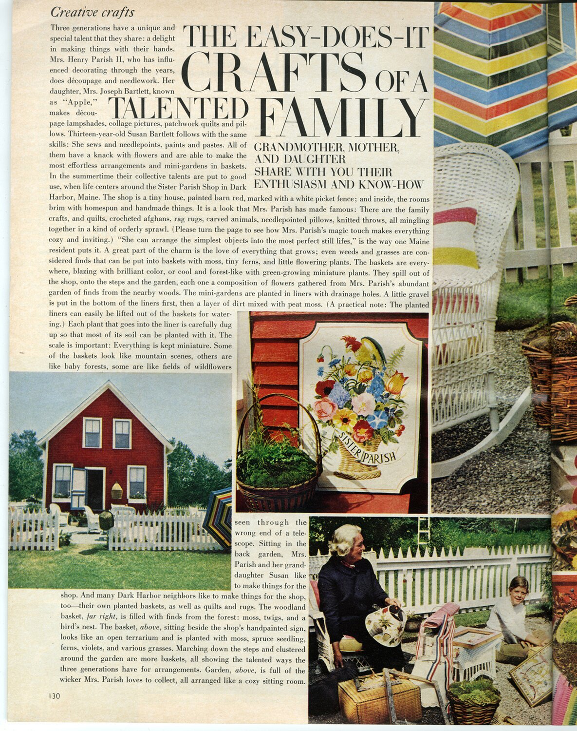 Interior designer, Sister Parish, and her granddaughter, Susan Crater, feature in House and Garden magazine surrounded by baskets and flowers in Maine.