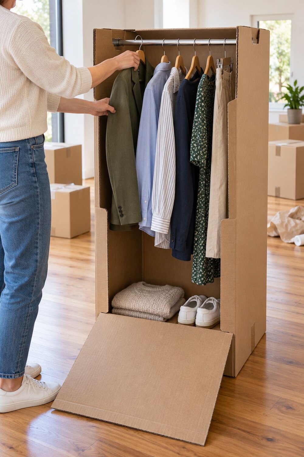 Transferring hanging clothes from a wardrobe rail into a port-a-robe on moving day