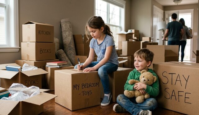 Children helping pack on moving day