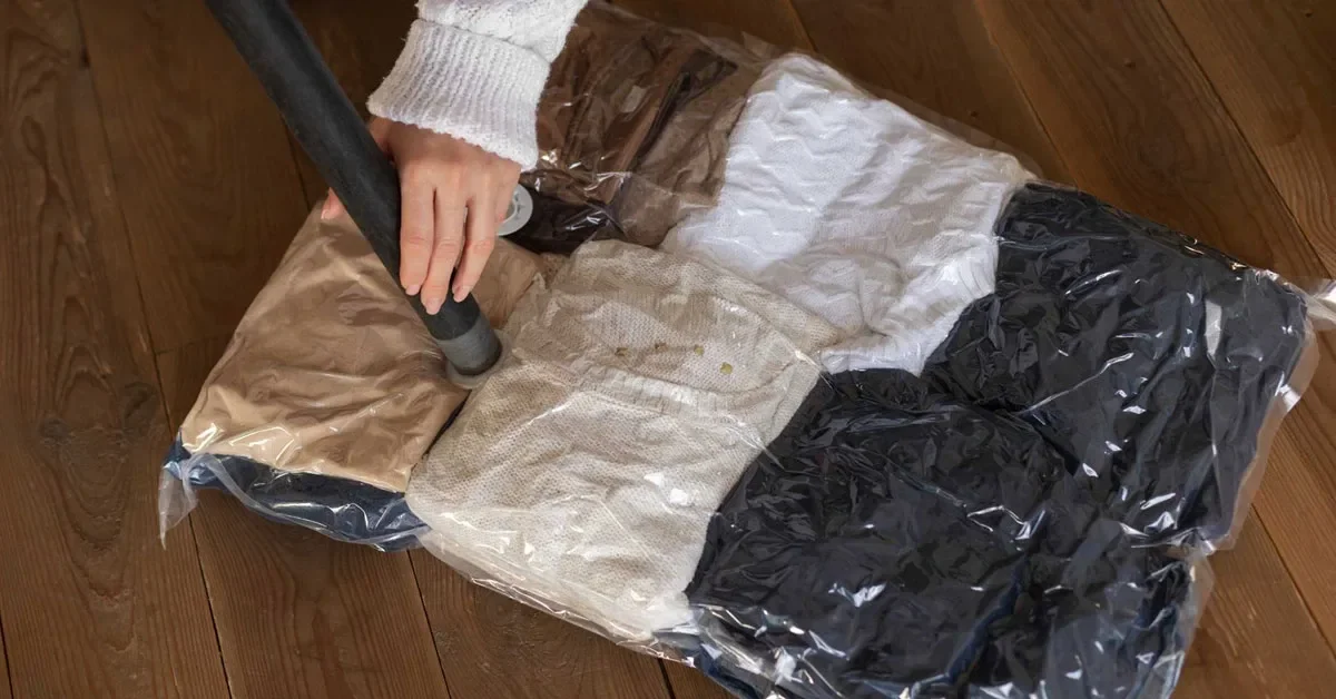 Folded heavy clothes beside tightly rolled light clothes for packing
