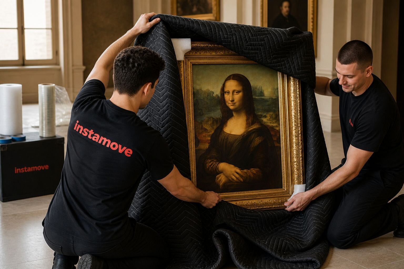 A framed painting wrapped in acid-free tissue and bubble wrap with corner protectors, standing upright before a move