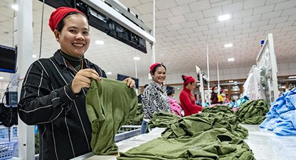 Garment workers folding clothes