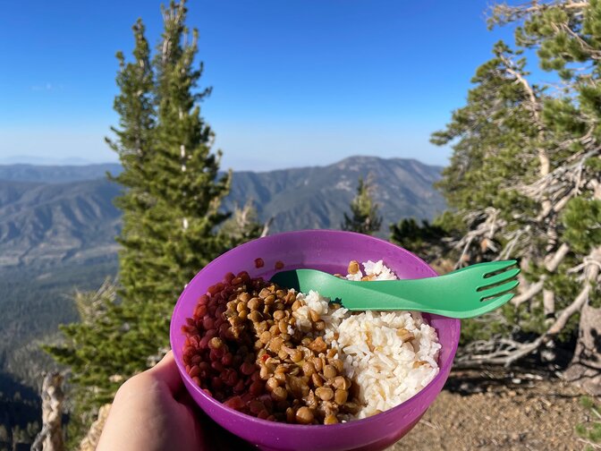 DIY backpacking meal: Lentils and rice look just as good as the view of San Bernardino Peak in California. 