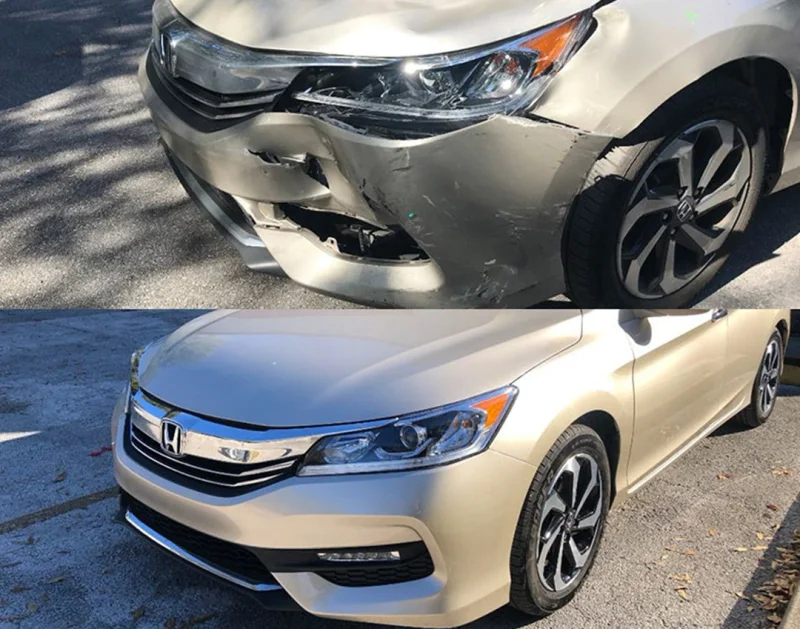 Honda Accord - Antes e depois do reparo de colisão frontal
