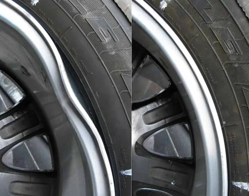 Roda desamassada e balanceada Nissan March - Antes e depois do reparo