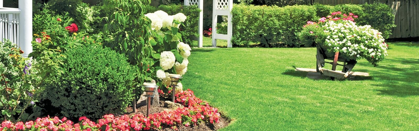 A beautifully taken care of yard with flower beds and gardens.