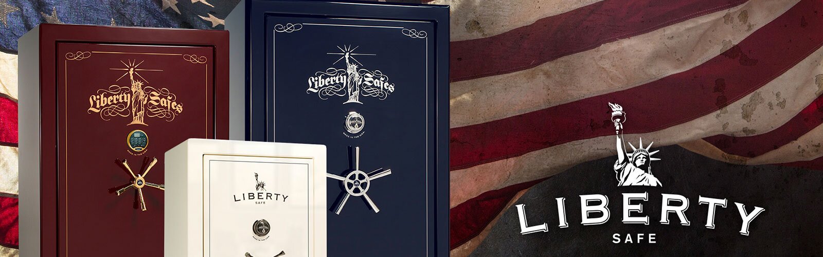 Liberty Safes cover photo displaying three different types of safes, the Liberty Safe logo, with the flag of the USA as the background.