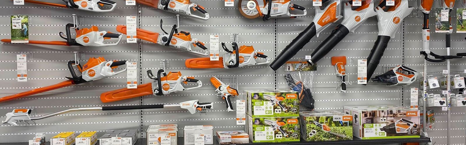 STIHL Outdoor products are displayed on a pegboard on the sales floor at HomeTown Solutions.