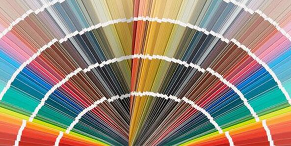 Paint swatches fanned out, displaying a range of colours from the rainbow.