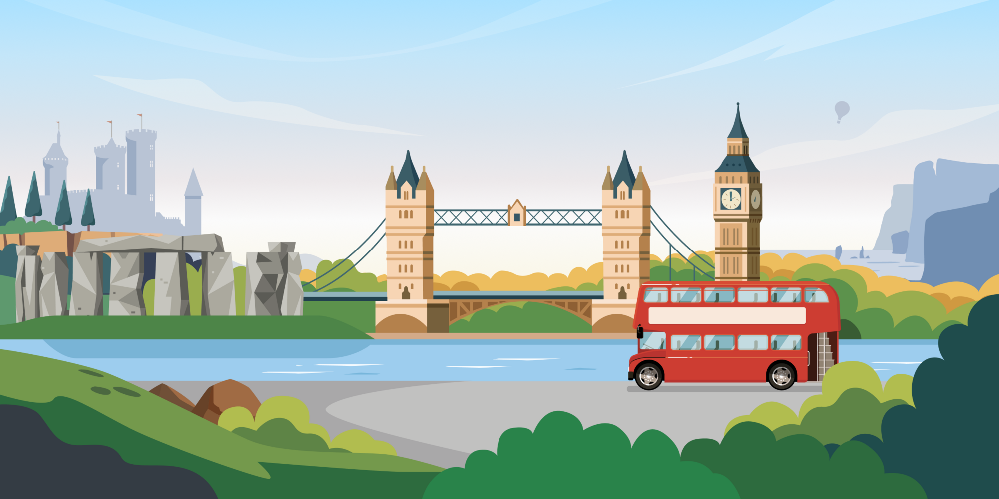 Illustrated United Kingdom landmarks with a London bus