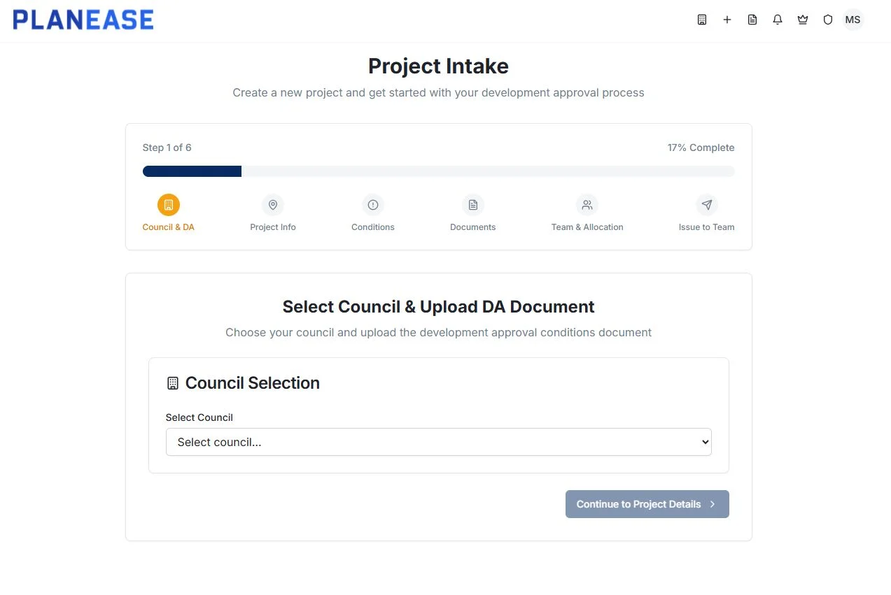 Project Setup - Council and DA Selection