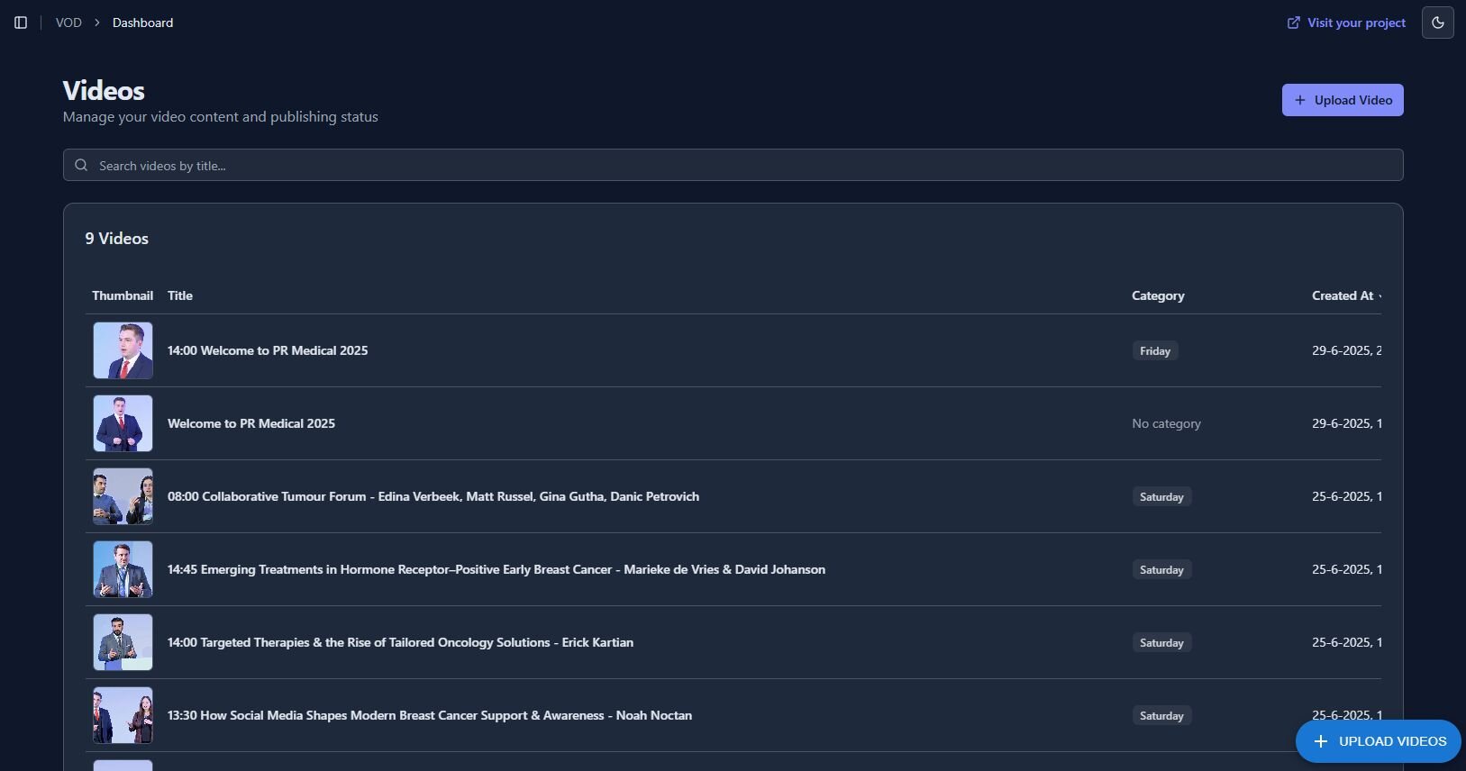 Upload in the video platform