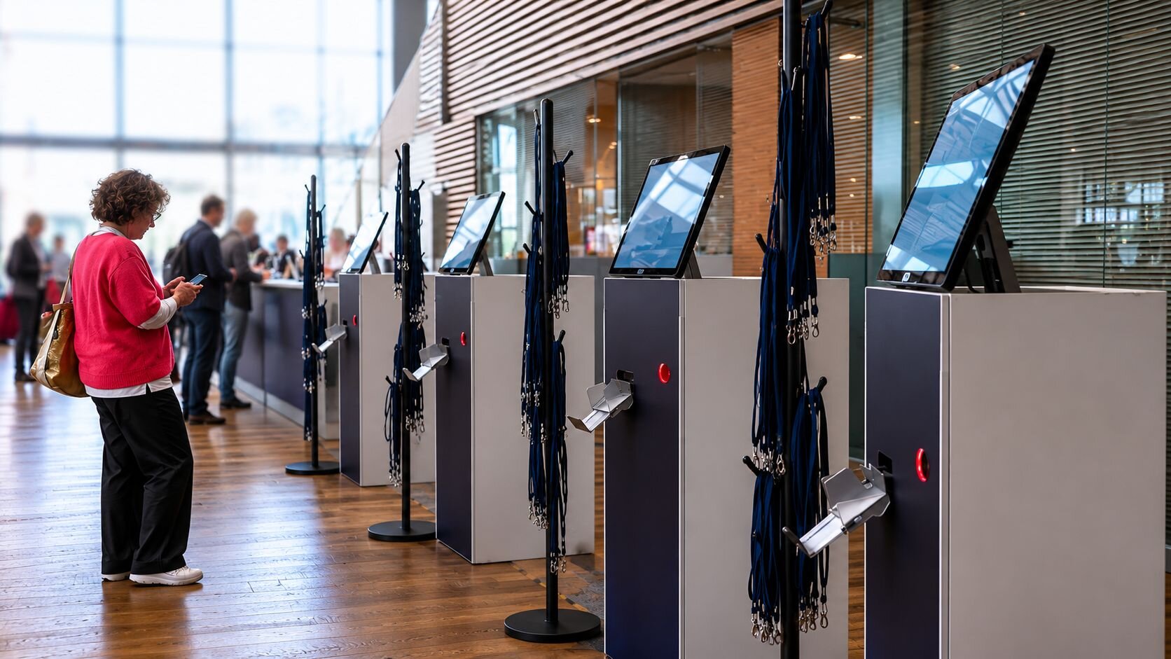 Attendee using digital check-in kiosks