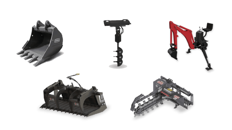Bucket, auguer, backhoe, grappler, and trencher attachments