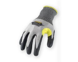 A gray and yellow work glove