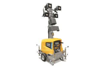 A yellow Atlas Copco light tower