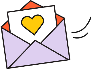 Illustration of a purple envelope and a white card with a yellow heart sticking out.