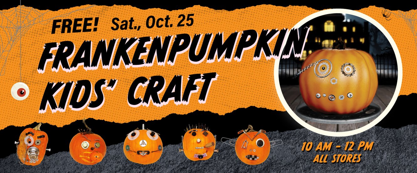 Pumpkin with screws and hardware stuck in to make a face