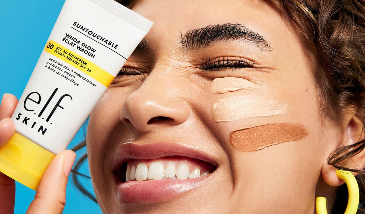 Model wearing e.l.f. SKIN Whoa Glow SPF 30