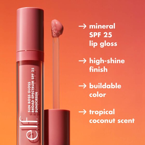 e.l.f. Sun Boss Gloss: mineral SPF 25 lip gloss; high-shine finish; buildable color; tropical coconut scent