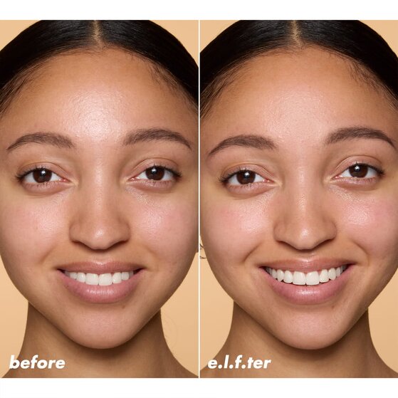 Model before and after applying an exfoliating toner