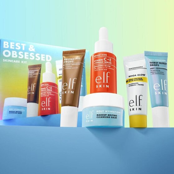Skincare Kit Featuring Vitamin C Serum, Bronzing Drops, Cleansing Balm, SPF, And Glow Serum Drops