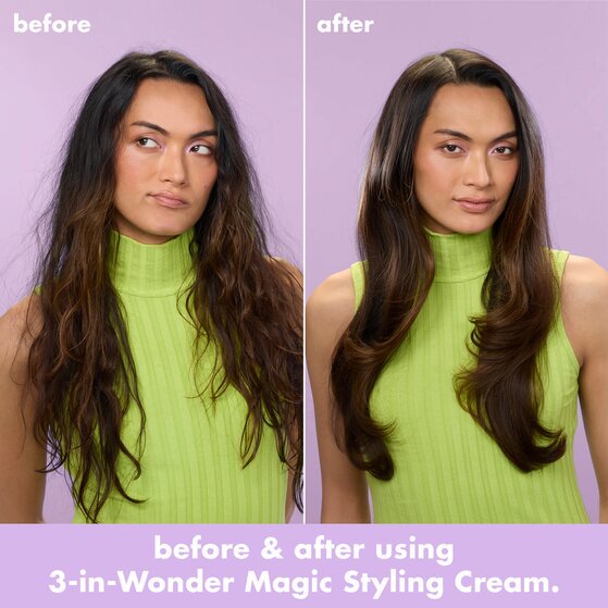 model with wavy hair before and after using styling cream
