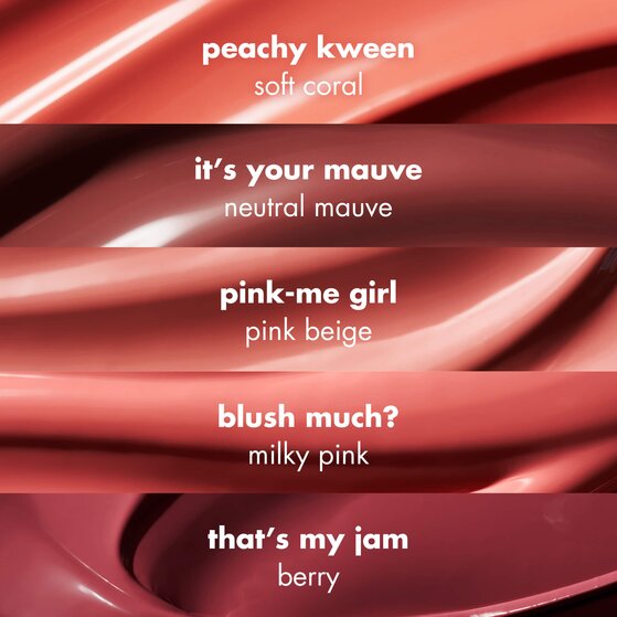 e.l.f. Sun Boss Gloss SPF 25 variants: peachy kween, soft coral; it's your mauve, neutral mauve; pink-me girl, pink biege; blush much? milky pink; that's my jam, berry