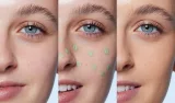 Model Before And After Applying Green Color Corrector Makeup