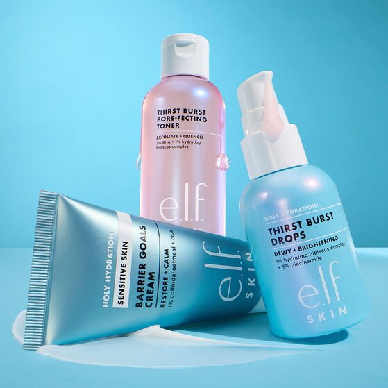 e.l.f. skin exfoliating toner, barrier cream, and brightening drops
