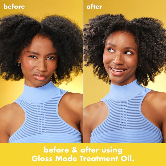 model with coily hair before and after applying hair oil